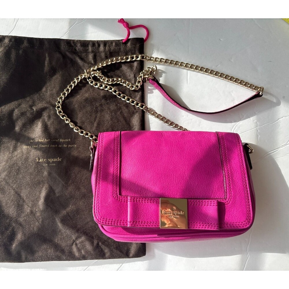 Kate Spade Hot Pink Crossbody Purse with Bow and Gold Chain Strap